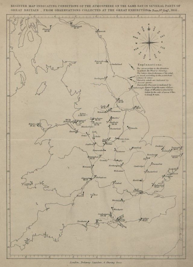 Figure 2: James Glaisher’s first weather map as presented at the 1851 Great Exhibition in London.
