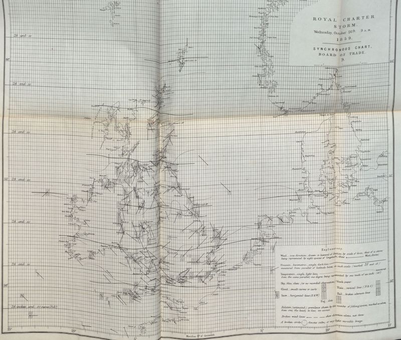 Figure 3: One of FitzRoy’s synoptic maps from the morning of the Royal Charter storm.
